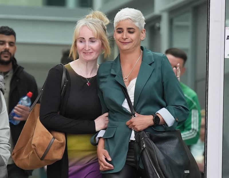 Niall McEneaney's wife Grace Martin (right) leaving Dundalk Circuit Court, Co Louth, on Tuesday. Photograph: Niall Carson/PA Wire