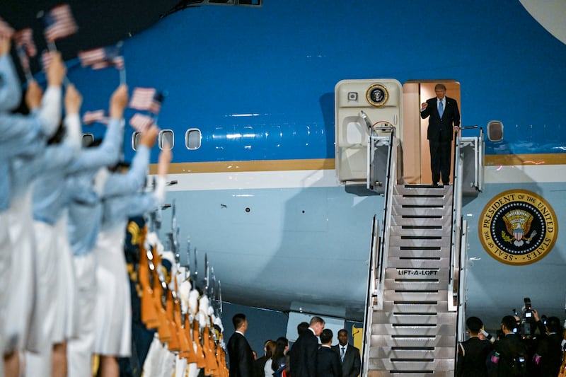 US president Donald Trump gestures as he arrives at Beijing Capital International Airport in Beijing, China, on Wednesday, May 13, 2026, for a two-day summit with China’s leader, Xi Jinping. Photograph: Kenny Holston/The New York Times