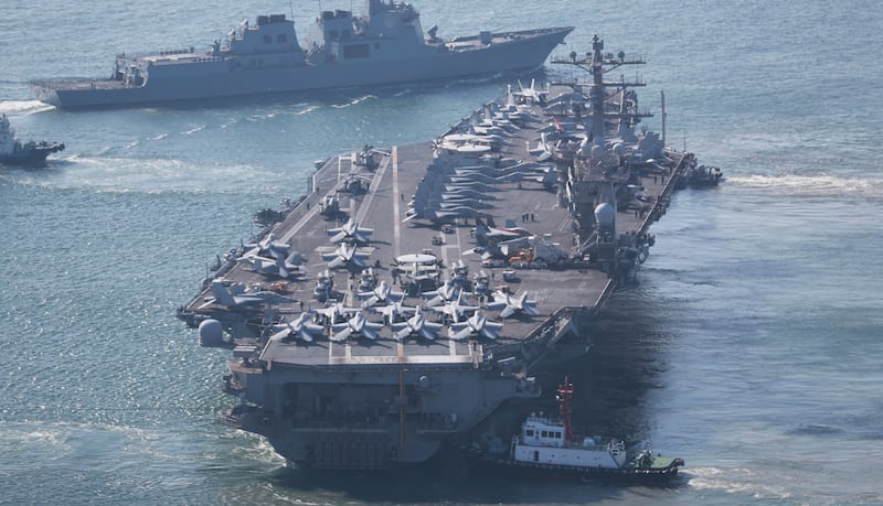 The USS Nimitz departs a naval base in Busan, South Korea, in 2023. Photograph: Yonhap via AP