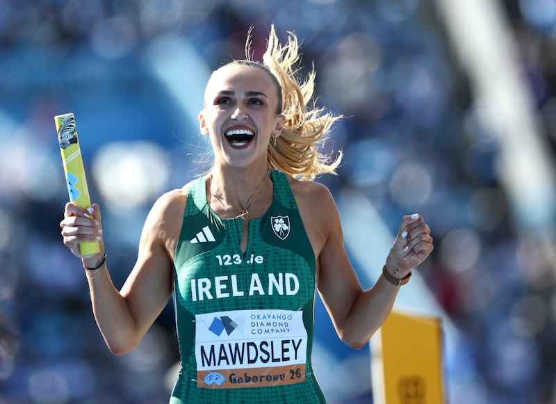 Ireland’s Sharlene Mawdsley celebrates after running the anchor leg for the 4x400m women's relay in Botswana. Photograph: Inpho