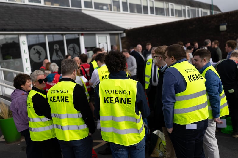 Supporters of Cillian Keane wait for the Galway West byelection count centre to open in at the Lawn and Tennis Club in Salthill. Photograph: Chris Maddaloni 
.



