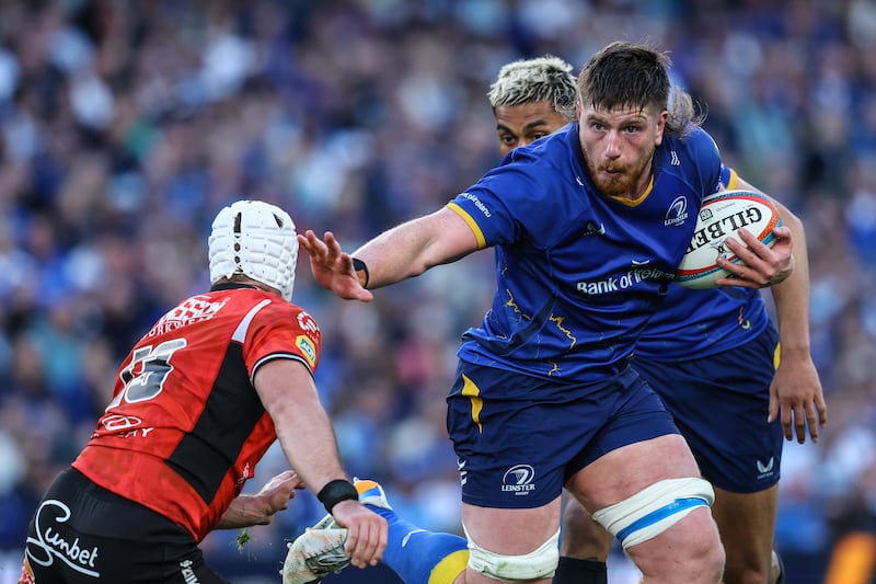 Leinster's Joe McCarthy fends off Lions' Henco Van Wyk. Photograph: Ben Brady/Inpho