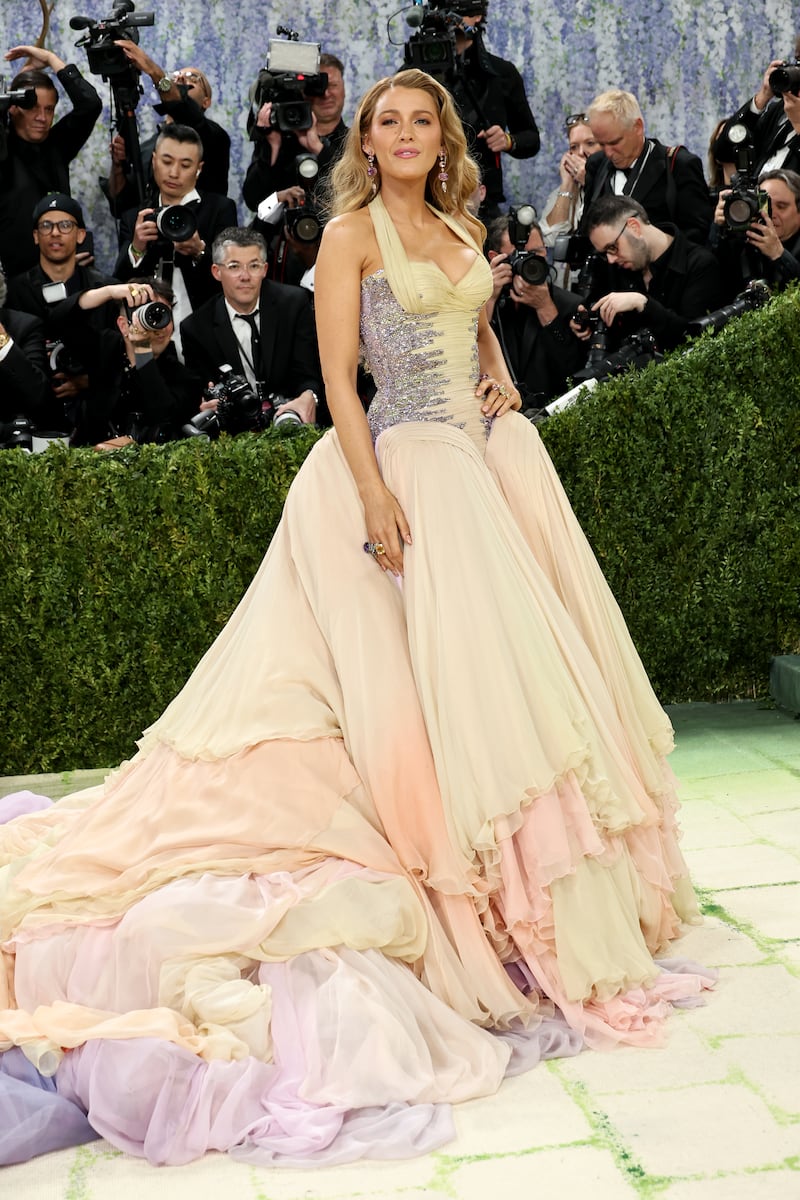 Blake Lively in an archive Atelier Versace design. Photograph: Jamie McCarthy/Getty Images