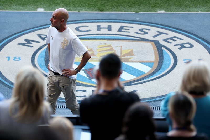Pep Guardiola during his farewell ceremony following the match between Manchester City and Aston Villa at the Etihad Stadium on Sunday. Photograph: Dan Mullan/Getty Images