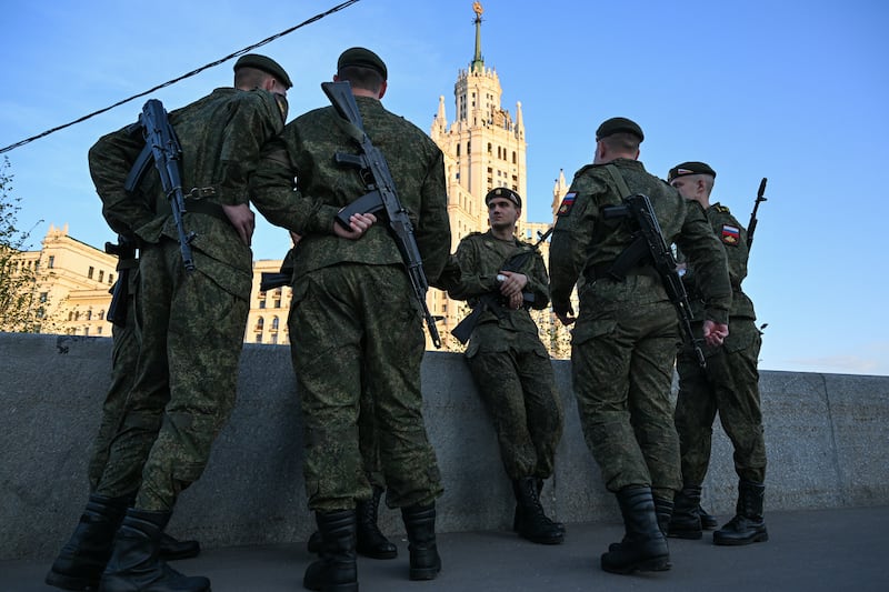 Russian servicemen await the rehearsal of the "Victory Day" military parade at Red Square, in central Moscow. Photograph: Igor Ivanko/AFP/Getty Images