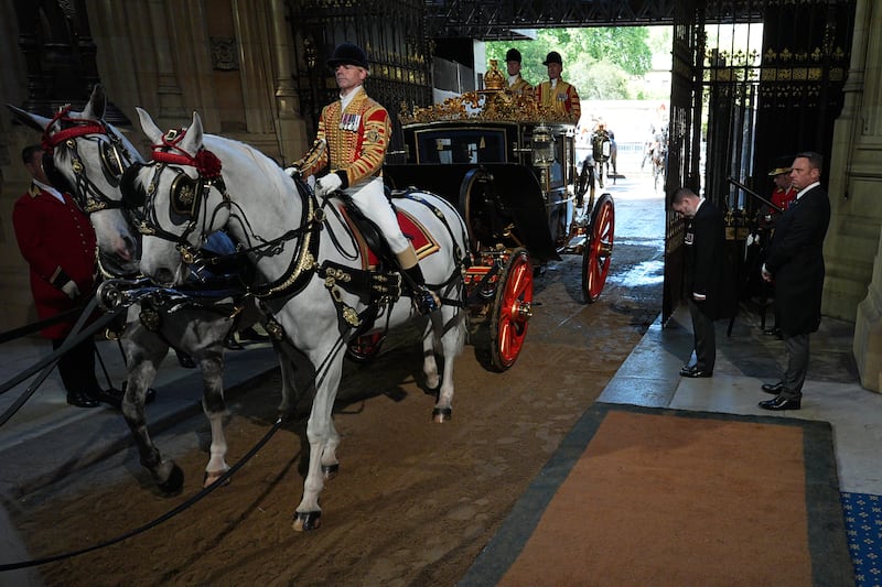 Britain's King Charles and queen Camilla arrive  for the State opening of parliament in the House of Lords, at the Palace of Westminster in London. Photograph: Aaron Chown/PA Wire
