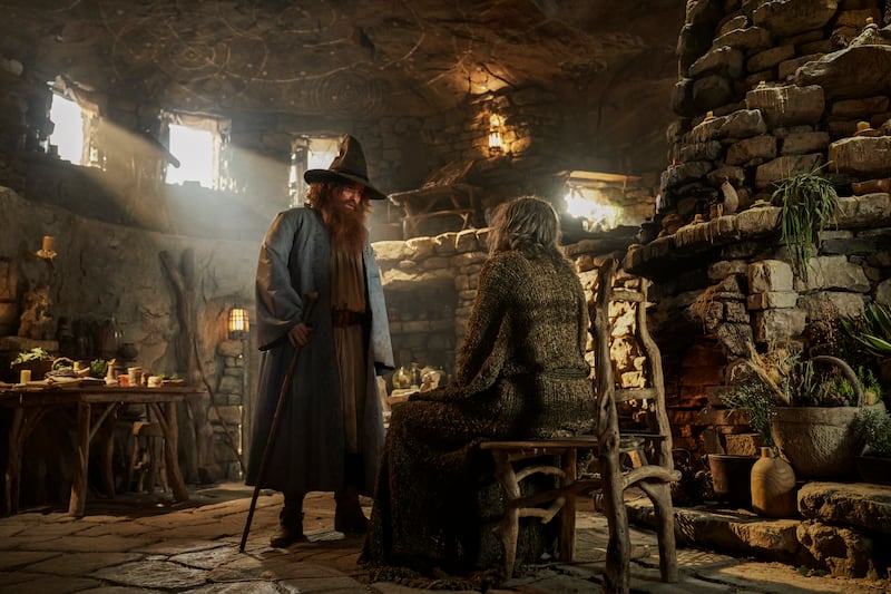 The Lord of the Rings: The Rings of Power - Rory Kinnear as Tom Bombadil and Daniel Weyman as The Stranger. Photograph: Ross Ferguson/Prime Video