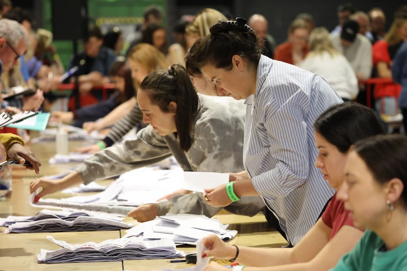 The first votes being counted after ballot boxes are opened at the start of counting in the Dublin Central byelection at Dublins RDS.
Photograph: Alan Betson / The Irish Times

