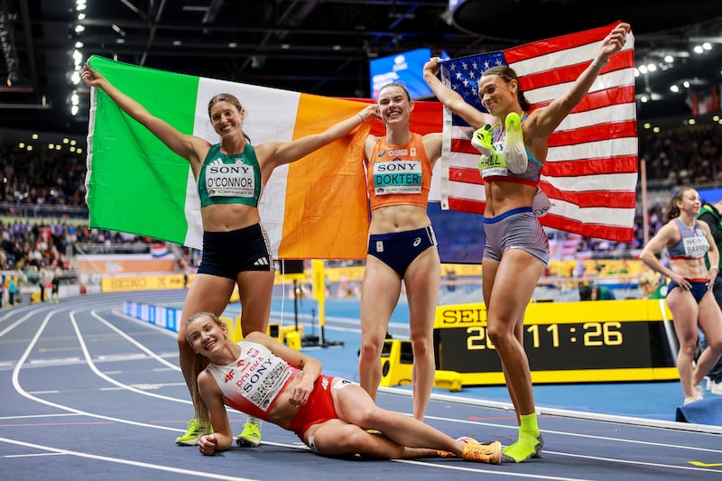 Kate O’Connor celebrates with Sofie Dokter, Anna Hall and Adrianna Sułek-Schubert at the 2026 World Athletics Indoor Championships. Photograph: Morgan Treacy/Inpho