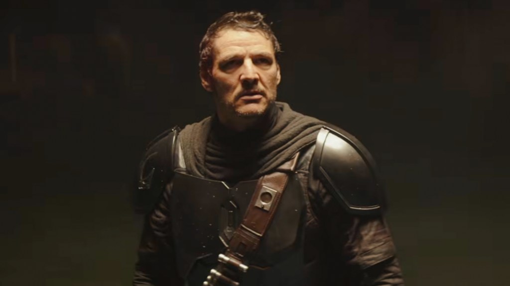 Pedro Pascal as Din Djarin without helmet in The Mandalorian and Grogu