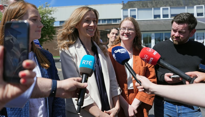 Galway West byelection candidate Mide Nic Fhionnlaoich greeting Social Democrats leader Holly Cairns at the count centre in Galway. Photograph: Niall Carson/PA Wire