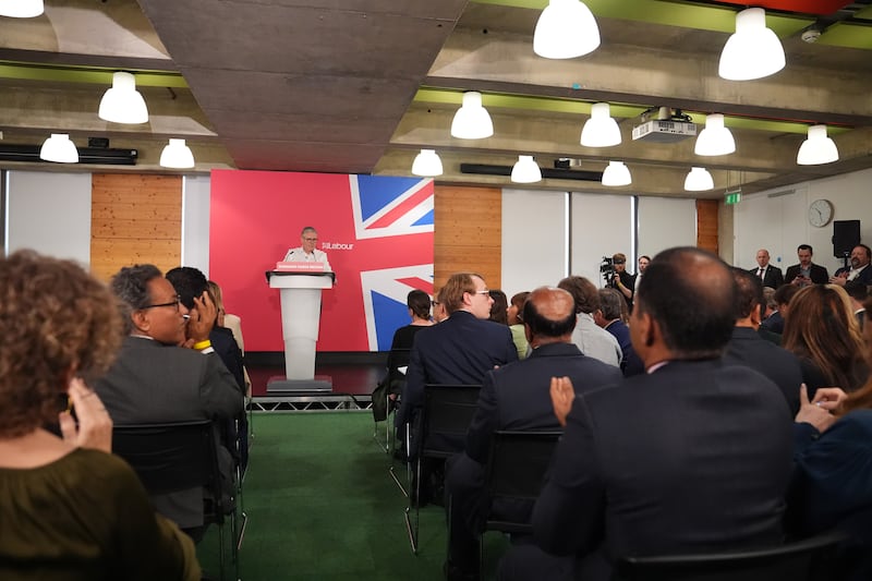 Keir Starmer giving a speech at the Coin Street Neighbourhood Centre in Waterloo, London, on Monday, setting out plans to build 'a stronger, fairer Britain'. Photograph: James Manning/PA Wire