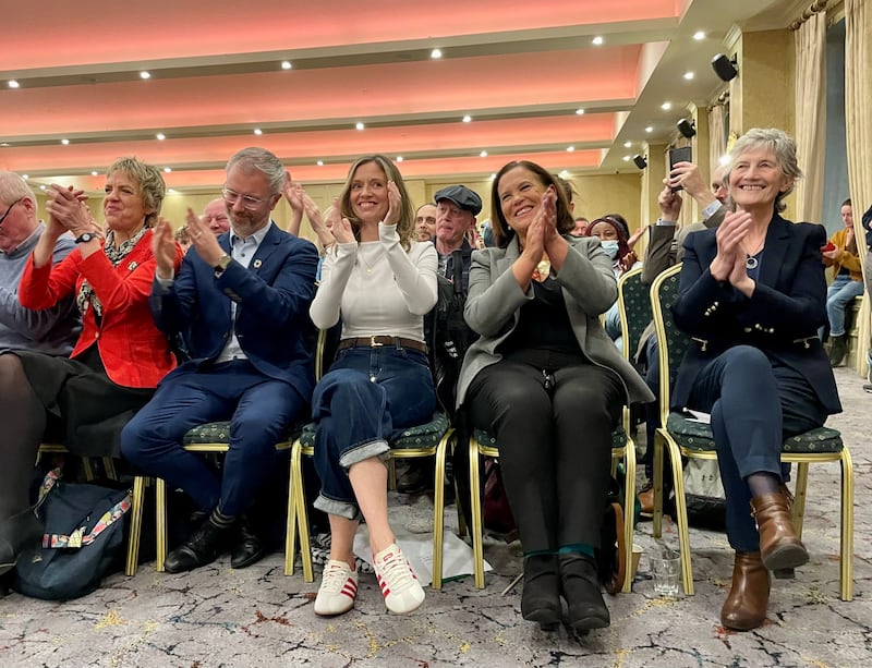 Ivana Bacik, Roderic O'Gorman, Holly Cairns, Mary Lou McDonald and Catherine Connolly at campaign rally at the Galway Bay Hotel on October 23rd, 2025. Photograph: David Young/PA Wire 