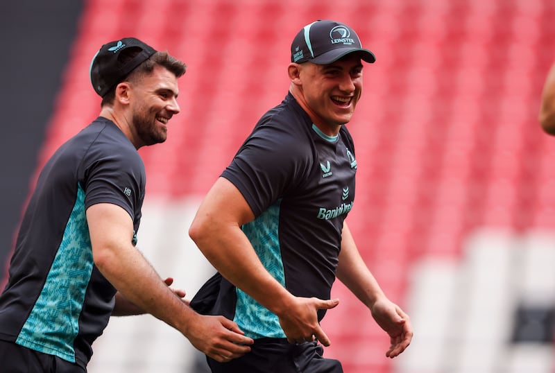 Harry Byrne and Dan Sheehan of Leinster during Friday's captain's run at San Mamés Stadium, Bilbao. Photograph: Nick Elliott/Inpho