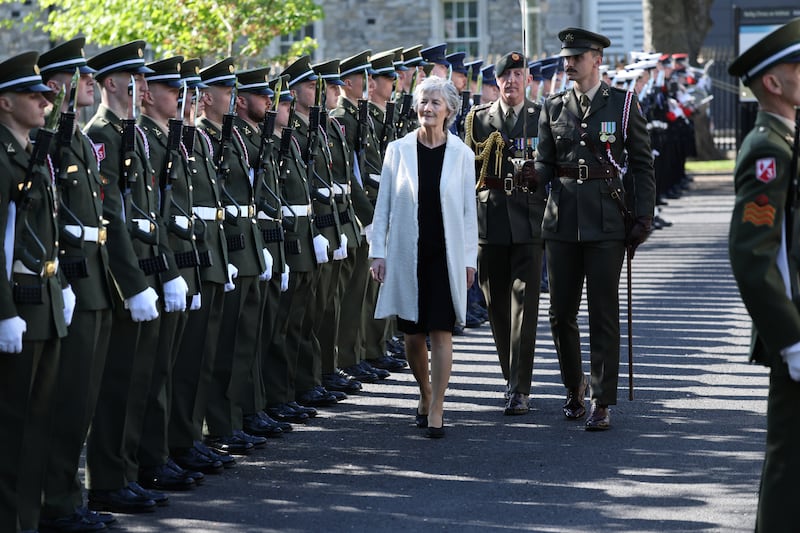 President Catherine Connolly inspects the guard of honour at the 1916 commemoration. Photograph: Dara Mac Dónaill/The Irish Times