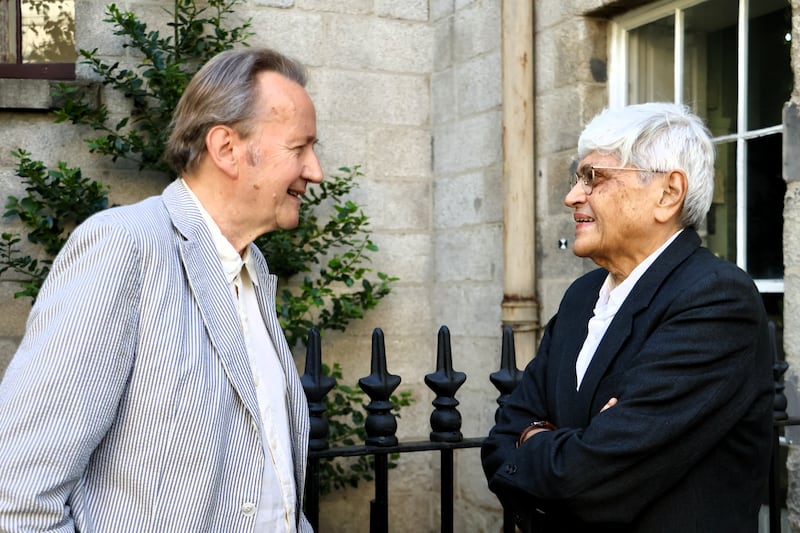 Gopalkrishna Gandhi, right, in conversation with academic Roy Foster at Trinity College