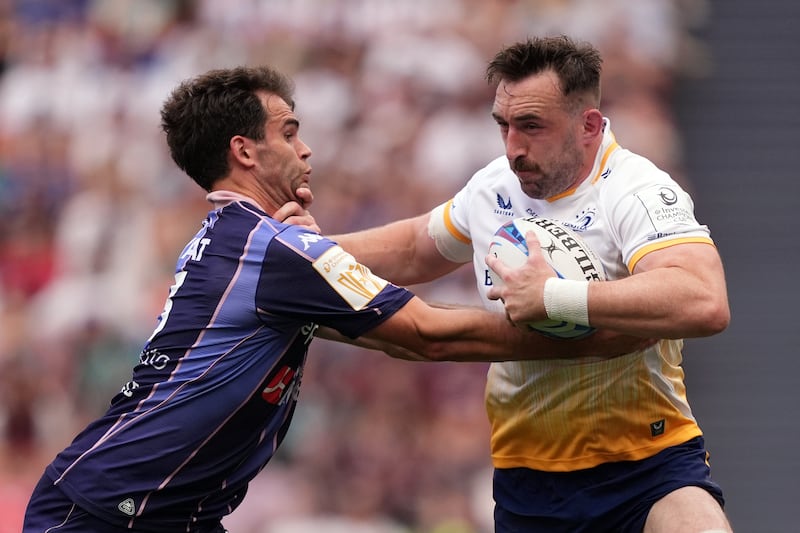 Damian Penaud of Bordeaux is challenged by Jack Conan of Leinster during the Champions Cup final. Photograph: Juan Manuel Serrano Arce/Getty Images
