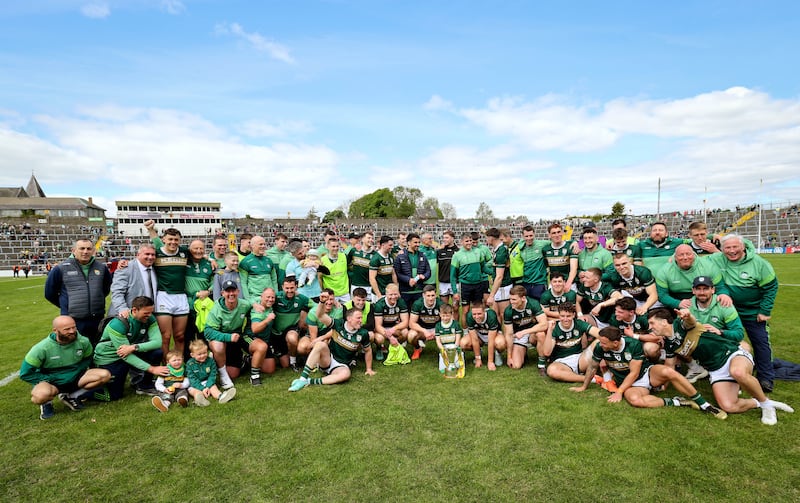 Kerry celebrate with the Corn Pháidí Uí Shé. Photograph: Ryan Byrne/Inpho