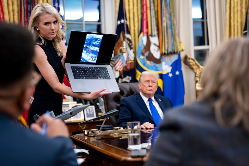Natalie Harp, an aide to US president Donald Trump, shows a video of the fatal shooting of Renee Nicole Good by an Ice agent in Minneapolis, during an interview with New York Times journalists in Washington in January.  Photograph: Doug Mills/The New York Times
                      