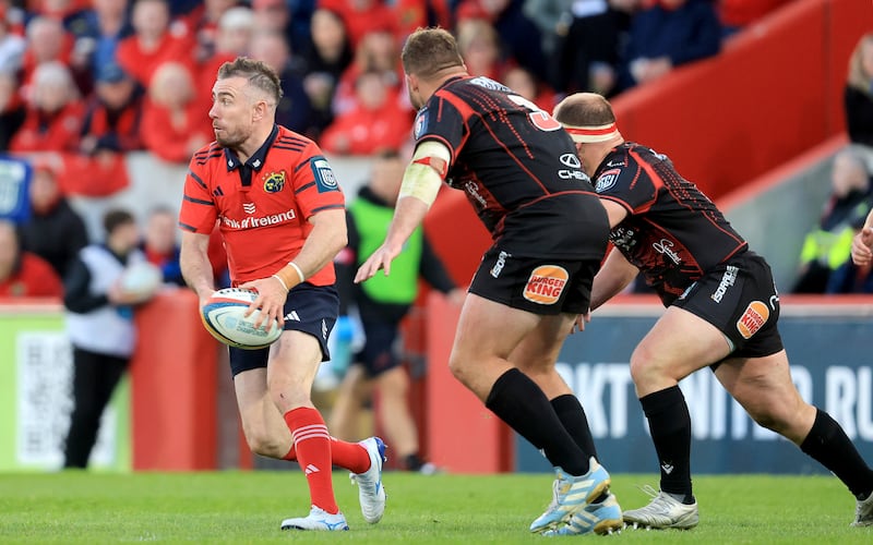 Munster's JJ Hanrahan in action during the URC match between Munster and Lions in Thomond Park. Photograph: Bryan Keane/Inpho