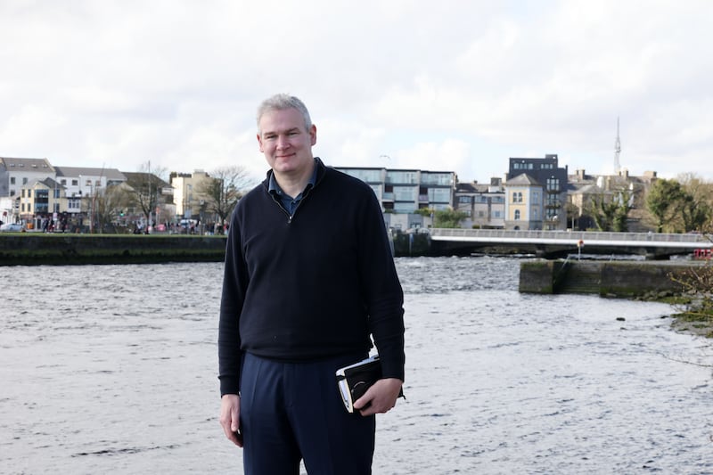 Seán Kyne, Fine Gael’s candidate in the Galway West byelection, near the Spanish Arch on the banks of the river Corrib in Galway in April. Photograph: Alan Betson/The Irish Times

