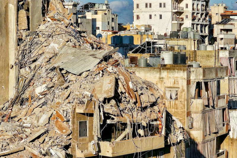 Collapsed rubble on a building following an Israeli air strike on Wednesday in the Haret Hreik neighbourhood of Beirut's southern suburbs. Photograph: AFP via Getty Images 
