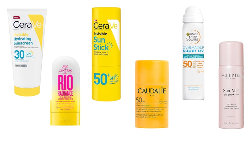 CeraVe Hydrating Sunscreen SPF30; Sol de Janeiro Rio Radiance Body Lotion SPF50 (€40 from Boots); CeraVe Invisible Sun Stick SPF50; Caudalie Vinosun Protect Invisible High Protection Stick SPF50 (€18 from cultbeauty.com); Garnier Ambre Solaire Super UV Over Makeup Mist SPF50 (€16 from Boots); Sculpted by Aimee Sun Mist SPF50 (€22 from sculptedbyaimee.com)