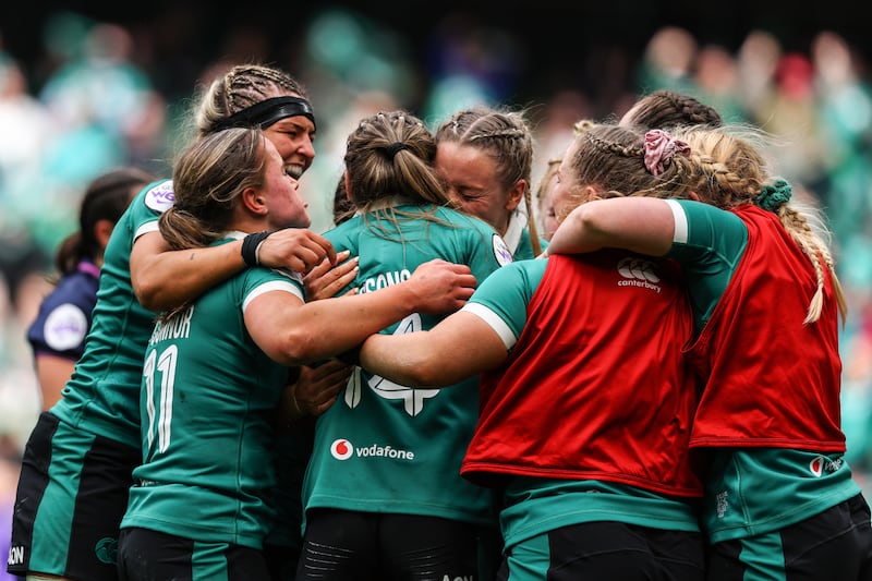 Ireland's Stacey Flood celebrates with team-mates after scoring a try. Photograph: Ben Brady/Inpho