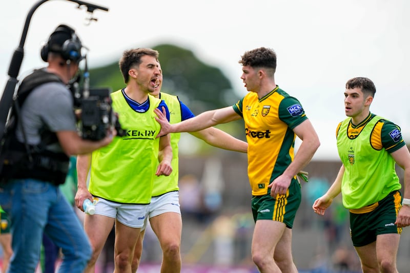 The TV cameras move in to get footage of the half-time melee during the Kerry v Donegal All-Ireland SFC game in Killarney on Saturday. Photograph: James Lawlor/Inpho