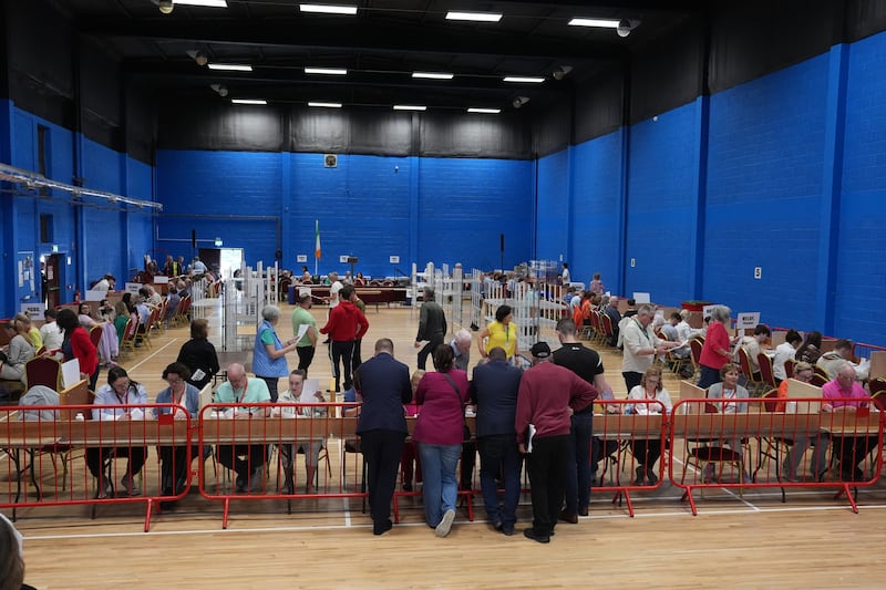 Counting resumes for the Galway West byelection at the Galway Lawn Tennis Club, Galway. Photograph: Niall Carson/PA Wire