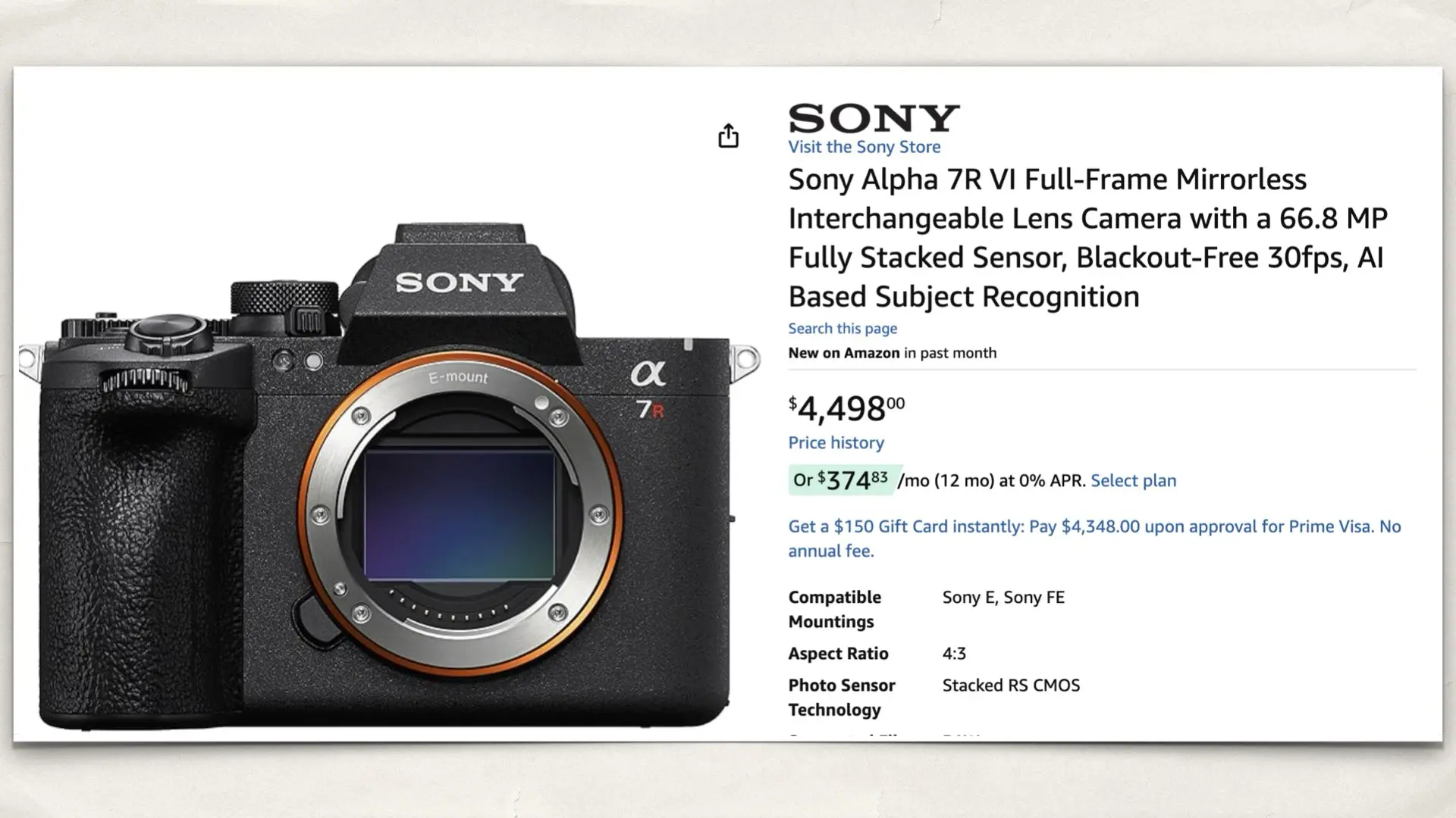 The Sony Alpha 7R VI on Amazon