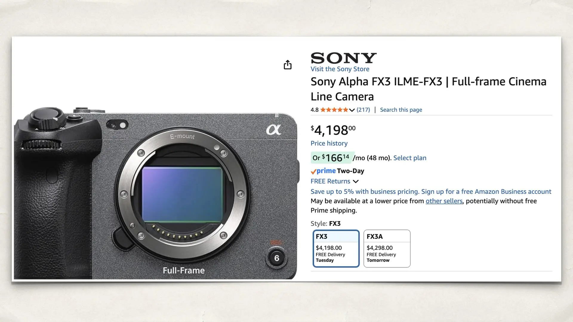 The Sony FX3 on Amazon