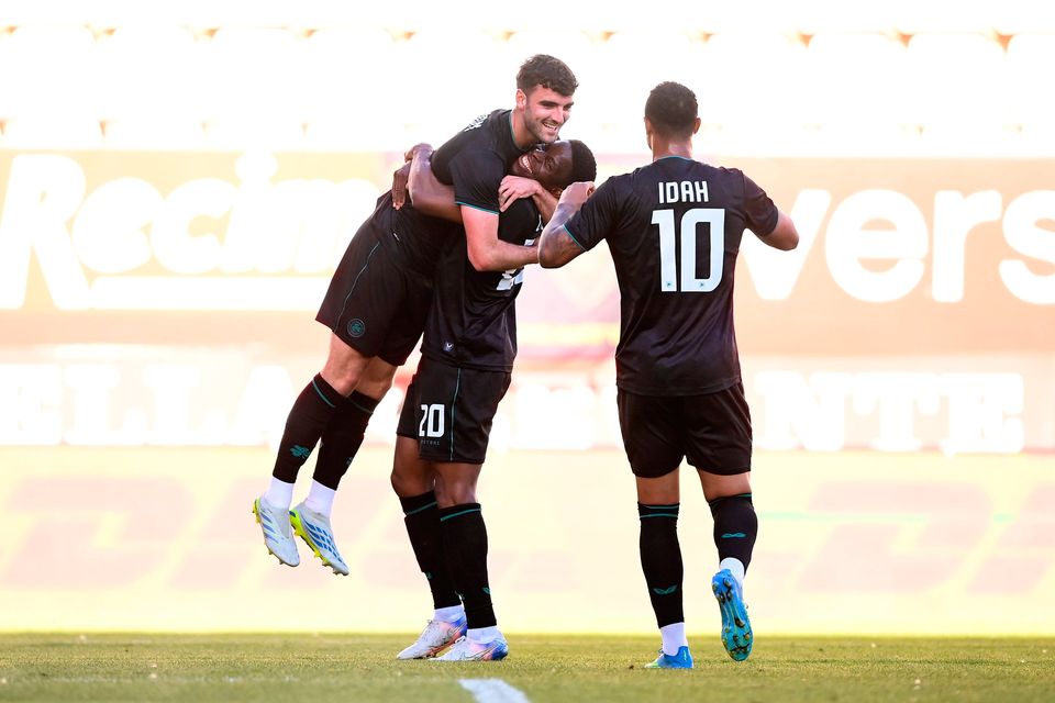Tom Cannon of Republic of Ireland celebrates with team-mates Chiedozie Ogbene, centre, and Adam Idah at Estadio Nueva Condomina in Murcia, Spain. Photo by Stephen McCarthy/Sportsfile