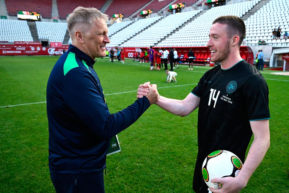 Ireland head coach Heimir Hallgrimsson with Jack Moylan after the international friendly match at Estadio Nueva Condomina in Murcia, Spain. Photo by Stephen McCarthy/Sportsfile