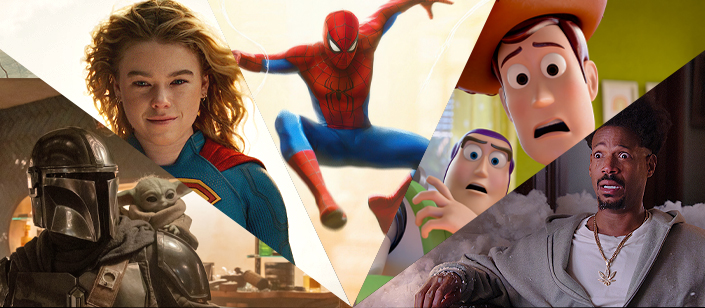 Images from Star Wars: The Mandalorian and Grogu, Supergirl, Spider-Man: Brand New Day, Toy Story 5, and Scary Movie