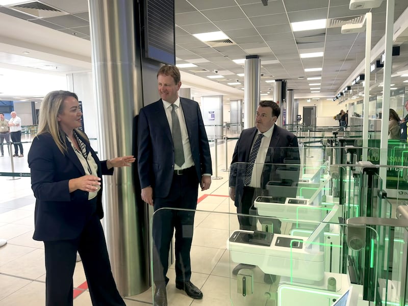 Nicola Caul, eGate project manager, alongside Ministers at the launch of the upgraded eGate facilities at Dublin Airport. Photograph: Bairbre Holmes/PA