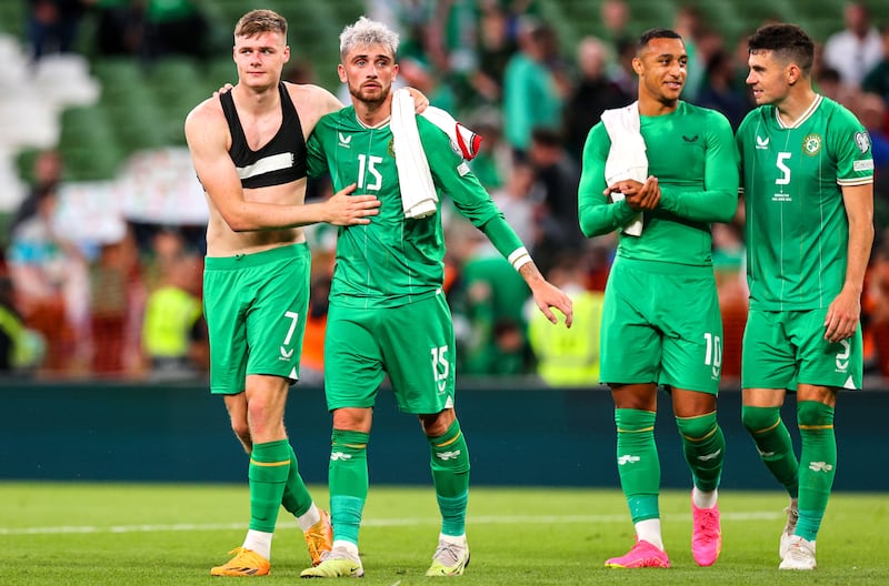 Evan Ferguson and Troy Parrott celebrate after Ireland's Euro 2024 qualifying win over Gibraltar in Dublin. Photograph: Ryan Byrne/Inpho