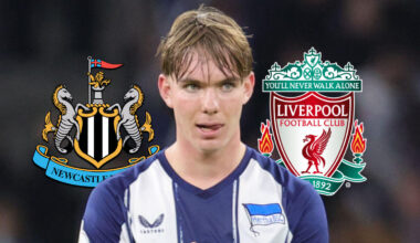 Newcastle United badge, Hertha Berlin youngster Kennet Eichhorn and Liverpool badge - copyright TEAMtalk