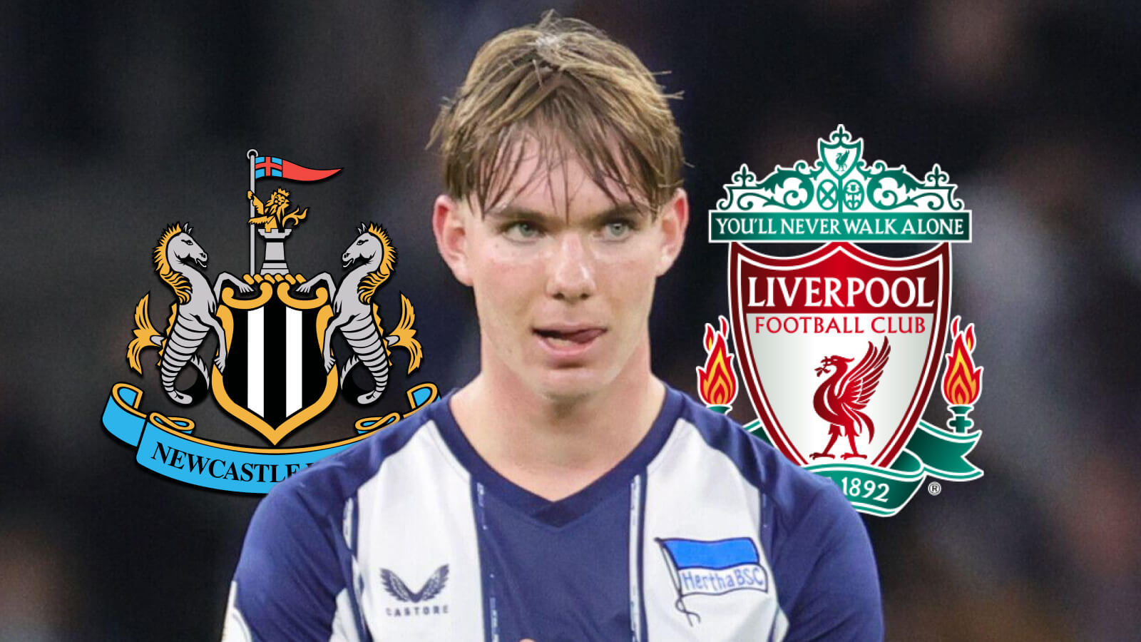 Newcastle United badge, Hertha Berlin youngster Kennet Eichhorn and Liverpool badge - copyright TEAMtalk
