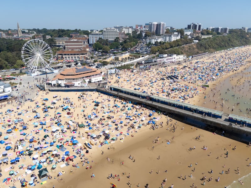 Thousands descended on Bournemouth beach on Monday as a heatwave brought record-breaking weather to England. Photograph: Finnbarr Webster/Getty Images