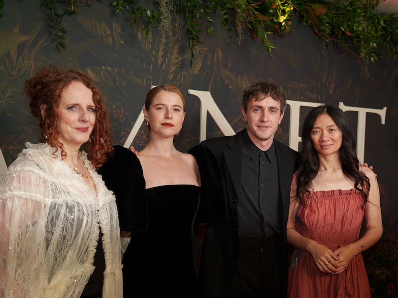 O’Farrell with actors Jessie Buckley and Paul Mescal and director Chloé Zhao at the Irish premiere of Hamnet in the Lighthouse cinema, Dublin, in December. Photograph: Barry Cronin