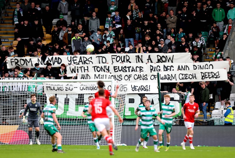 Shamrock Rovers fans recall some good times during their team's loss to Sligo Rovers on Friday. Photograph: Ryan Byrne/Inpho