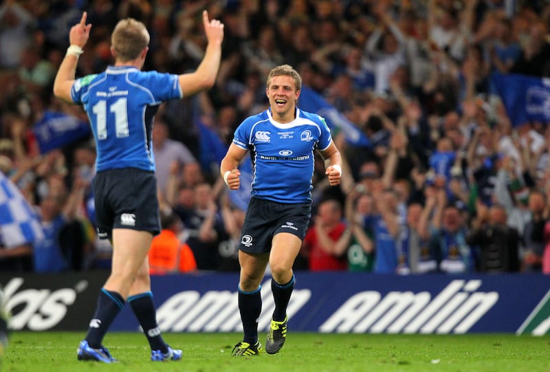 Leinster's Ian Madigan celebrates at the final whistle in the Heineken Cup final in May 2011. Photograph: Ryan Byrne/Inpho