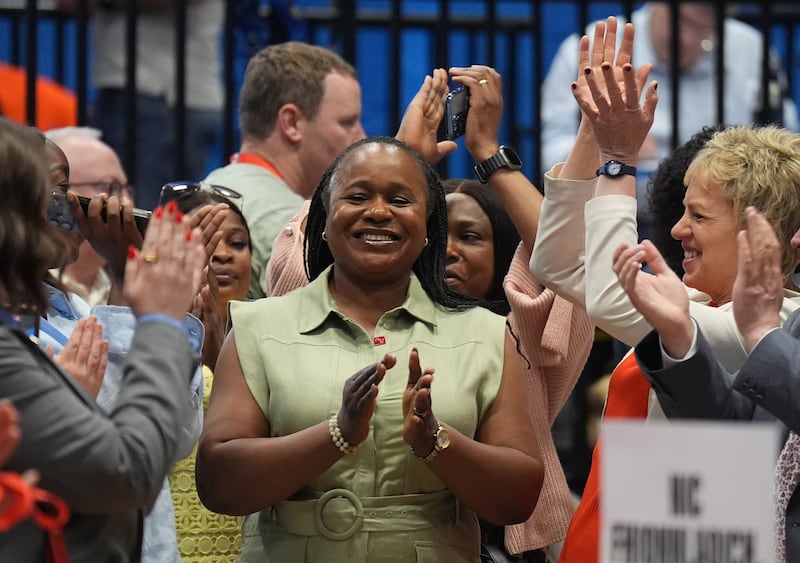 Labour candidate Helen Ogbu is cheered on by party colleagues as the Galway West byelection results come in.
Photograph: Niall Carson/PA Wire