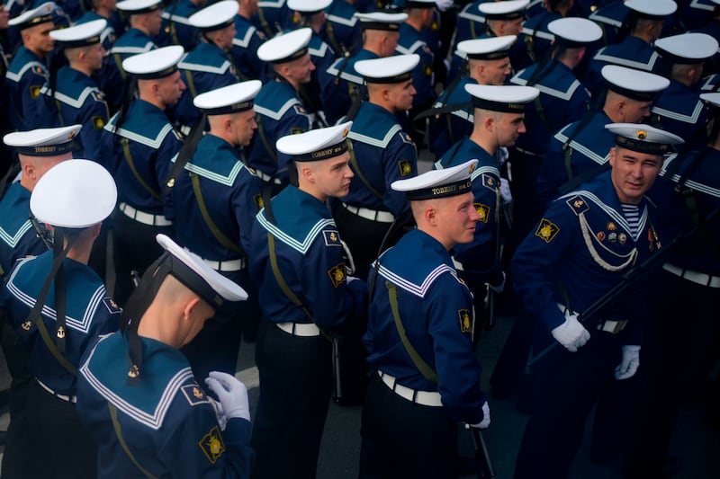 Russian servicemen stand in formation before the Victory Day military parade in Moscow. Photograph: Pavel Bednyakov/AP