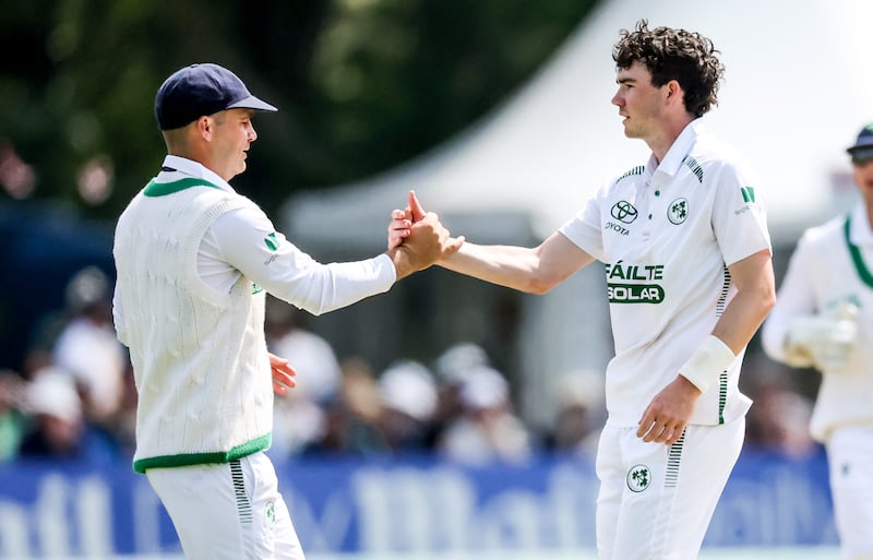 Ireland’s Reuben Wilson celebrates after getting his maiden Test wicket on Thursday. Photograph: Nick Elliott/Inpho