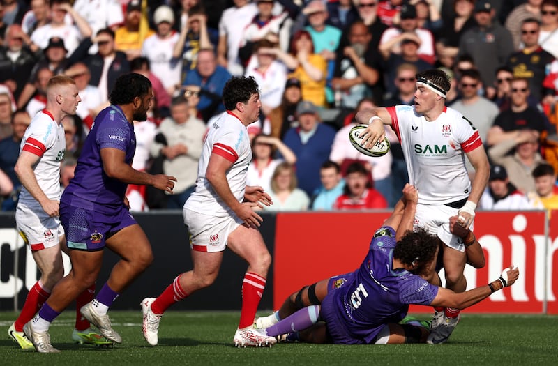 Ulster's Jude Postlethwaite offloads while being tackled by Exeter Chiefs' Andrea Zambonin during the EPCR Challenge Cup semi-final match at the Affidea Stadium, Belfast, on May 2nd, 2026. Photograph: Peter Morrison/PA Wire