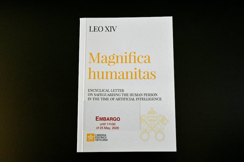 A picture shows Pope Leo XIV Encyclical Letter "Magnifica Humanitas", focused on the rise of artificial intelligence. Photograph: Alberto Pizzoli/AFP via Getty Images