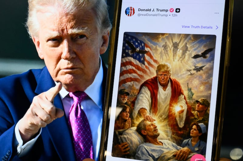 Donald Trump and an AI-generated image he posted on his Truth Social platform depicting himself as Jesus Christ. Photograph: Mandel Ngan/AFP via Getty Images