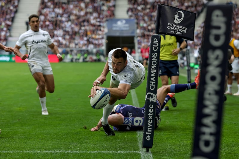 Bath's Will Muir scores his side's second try in the semi-final. Photograph: Gary Carr/Inpho